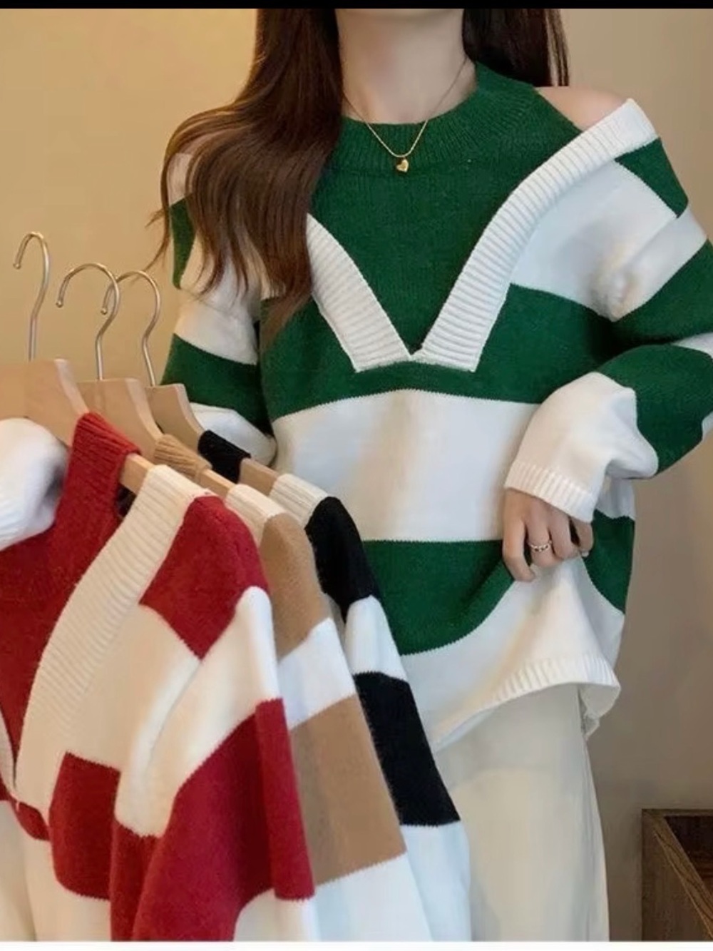 Red  and White Striped Cold-Shoulder Sweater